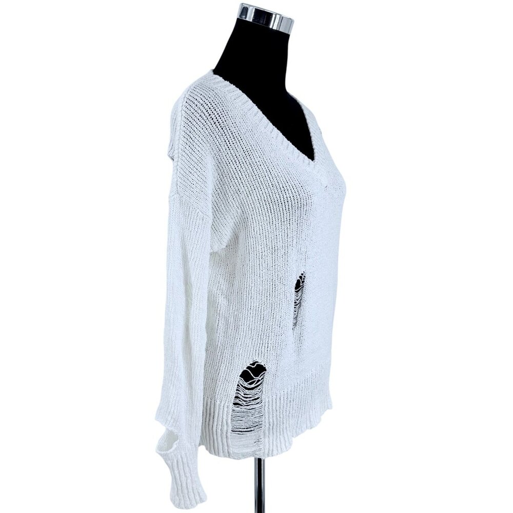 Vtg 90s Saks Fifth Avenue White Distressed V-Neck Sweater | Grunge Indie Sleaze - Picture 9 of 16